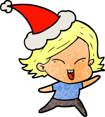 Bir insan tarafından çizilmiş Noel Baba şapkası giyen bir kızın çizilmiş mutlu el çizimi karikatürü.