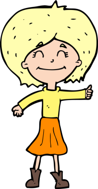 Çizgi filmdeki mutlu kız bir insan tarafından çizilmiş baş parmak işareti veriyor.