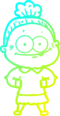 Bir insan tarafından çizilmiş, mutlu, yaşlı bir kadının çizimi.