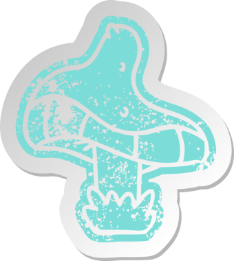 Bir insan tarafından çizilmiş tek bir mantarın sıkıntılı eski çizgi film çıkartması.