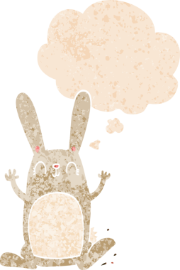 Düşünce baloncuklu çizgi film tavşanı grunge dertli eski moda bir insan tarafından çizilmiş.