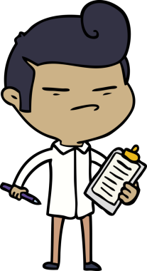 Bir insan tarafından çizilmiş saç kesimi ve klip tahtası olan havalı bir çizgi film karakteri.