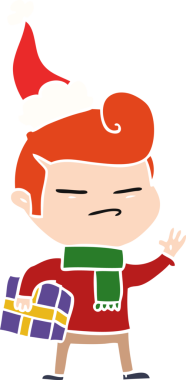 El çizimi düz renkli bir resim. Moda saçlı, Noel Baba şapkası takan, bir insan tarafından çizilmiş havalı bir adam.