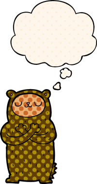 Çizgi roman tarzında bir insan tarafından çizilmiş düşünce kabarcığı olan çizgi film ayısı.