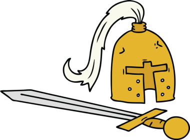 Bir insan tarafından çizilmiş ortaçağ miğferi ve kılıç karalaması.