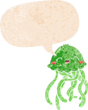 Grunge 'da konuşma baloncuğu olan sevimli denizanası çizgi film karakteri bir insan tarafından çizilmiş.