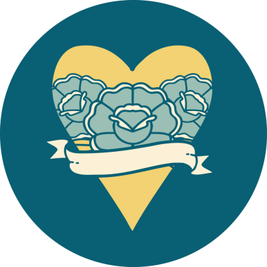 İkonik dövme stili bir kalp ve bir insan tarafından çizilmiş çiçekli pankart.