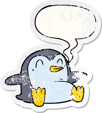 Konuşma baloncuğu olan karikatür pengueni bir insan tarafından çizilmiş sıkıntılı eski bir çıkartma