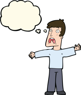 Bir insan tarafından çizilmiş düşünce baloncuğu olan korkmuş bir adam.