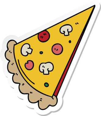 Bir insan tarafından çizilmiş tuhaf bir pizza diliminin çıkartması.