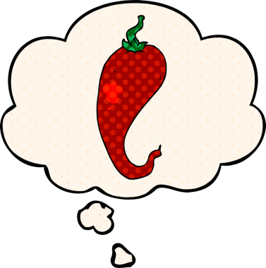 Çizgi roman tarzında bir insan tarafından çizilmiş düşünce balonlu kırmızı biber çizgi filmi.