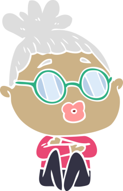 Bir insan tarafından çizilmiş gözlüklü düz renkli bir çizgi film karakteri.