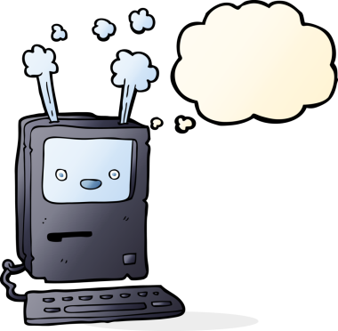 Bir insan tarafından çizilmiş düşünce baloncuklu eski bir bilgisayar.