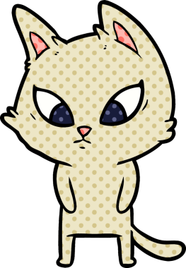 Bir insan tarafından çizilmiş kafası karışmış çizgi film kedisi.