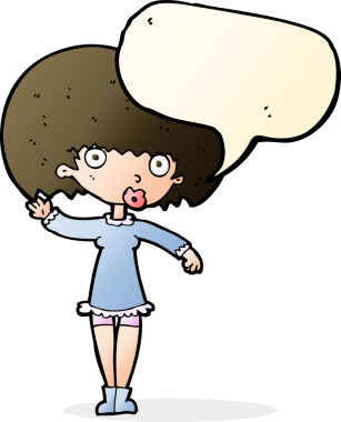 Bir insan tarafından çizilmiş konuşma balonu olan çizgi film kızı.