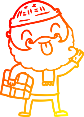 Sakallı bir adamın, bir insan tarafından çizilmiş Noel hediyesini taşıdığı sıcak bir çizgi.