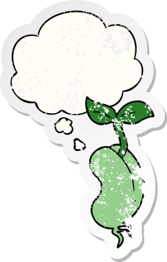 Düşünce baloncuğu ile filizlenen çizgi film bir insan tarafından çizilmiş yıpranmış bir çıkartma gibi.