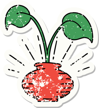 Bir insan tarafından çizilmiş vazoda dövmeli ev bitkisinin eski bir çıkartması.