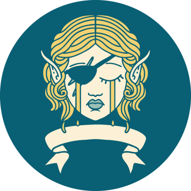 Retro Dövme Tarzı Ağlayan Elf karakter yüzü Bir insan tarafından çizilmiş pankartıyla