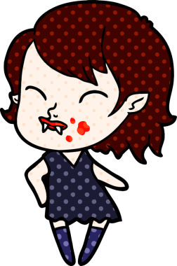 Bir insan tarafından çizilmiş yanağında kan olan vampir kız çizgi filmi.