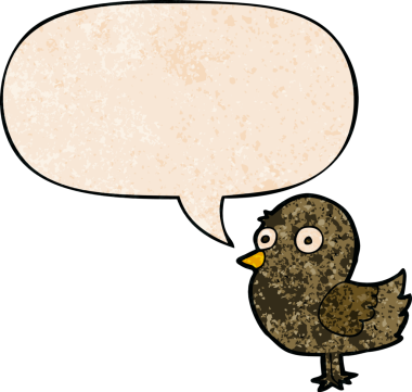 Konuşma baloncuğu olan karikatür kuşu insan tarafından çizilmiş eski doku.