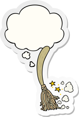 Düşünce baloncuklu sihirli süpürge insan tarafından çizilmiş bir çıkartma.