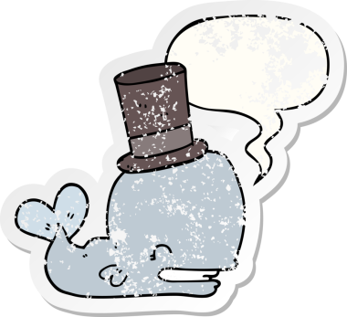 Konuşma baloncuğu olan silindir şapka takan çizgi film balinası bir insan tarafından çizilmiş sıkıntılı eski bir çıkartma