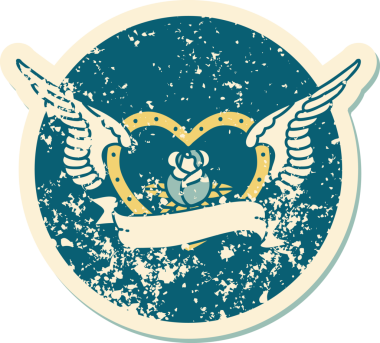 Bir insan tarafından çizilmiş çiçek ve pankartıyla uçan bir kalbin sembolik dövmeli resmi.