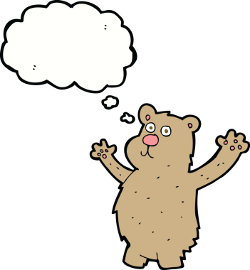 Bir insan tarafından çizilmiş düşünce baloncuklu komik bir ayı.