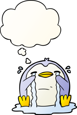 çizgi film ağlayan penguen, insan tarafından çizilmiş yumuşak eğimli düşünce baloncuğu.