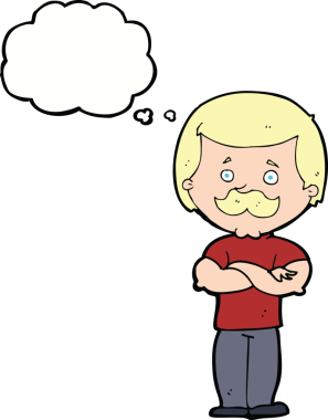 Bir insan tarafından çizilmiş düşünce baloncuğu olan erkek bıyıklı adam.