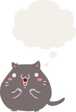 Bir insan tarafından çizilmiş düşünce baloncuklu mutlu çizgi film kedisi.