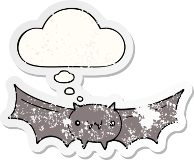 Düşünce baloncuğu olan karikatür vampir yarasası bir insan tarafından çizilmiş yıpranmış bir çıkartma.