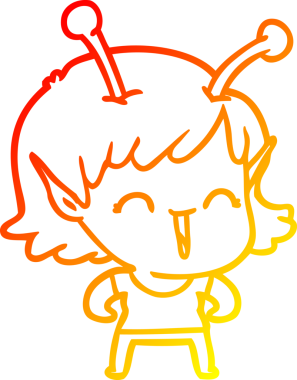 Bir insan tarafından çizilen gülen uzaylı bir kızın sıcak çizgi çizimi.