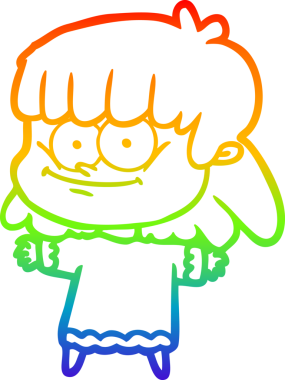 Gökkuşağı gradyan çizimi bir insan tarafından çizilmiş gülümseyen bir çizgi kız çizimi