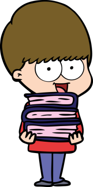 Bir insan tarafından çizilmiş kitapları tutan mutlu çizgi film çocuğu.