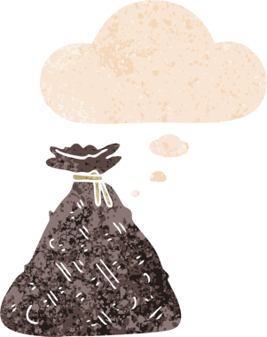 Homurdanan düşünce baloncuklu eski bir Hess çuvalı. Bir insan tarafından çizilmiş eskimiş desenli bir resim.