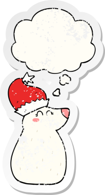 Düşünce baloncuklu Noel şapkası takan çizgi film ayısı insan tarafından çizilmiş yıpranmış bir çıkartma.