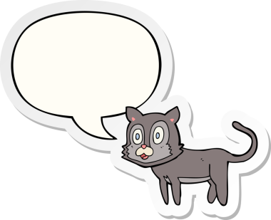 Bir insan tarafından çizilmiş baloncuk çıkartmalı mutlu çizgi film kedisi.