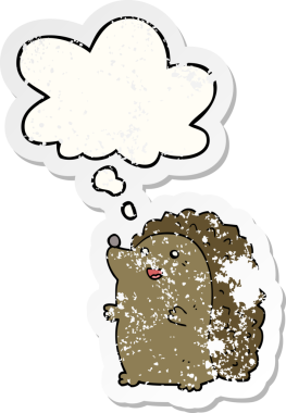 Düşünce baloncuğu olan mutlu kirpi çizgi filmi insan tarafından çizilmiş yıpranmış bir çıkartma.