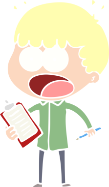 Düz renkli karikatür. Pano ve kalemle bir insan tarafından çizilmiş bir adamı şok etti.