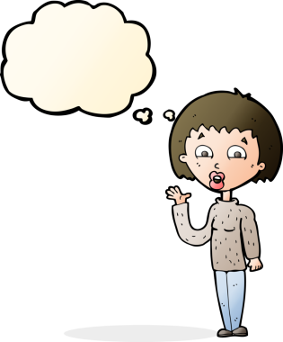 Bir insan tarafından çizilmiş düşünce baloncuğuyla el sallayan çizgi film kadını.