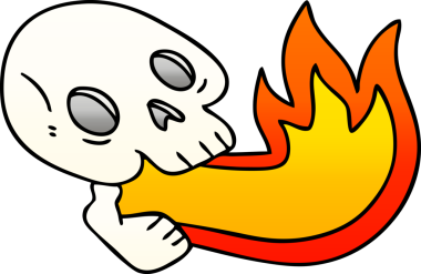 Ateş soluyan, gölgeli, bir insan tarafından çizilmiş tuhaf bir kafatası.