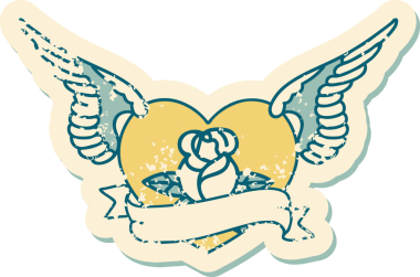 Bir insan tarafından çizilmiş çiçek ve pankartıyla uçan bir kalbin sembolik dövmeli resmi.