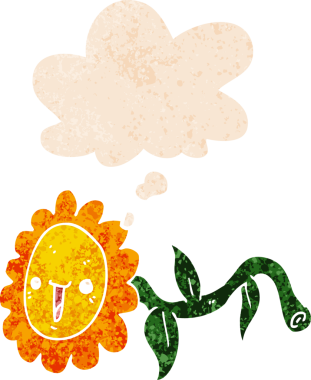 Düşünce baloncuğu ve grunge desenli karikatür çiçeği bir insan tarafından çizilmiş.