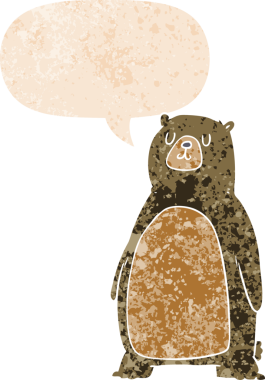 Bir insan tarafından çizilmiş grunge sıkıntılı retro biçimli konuşma balonu ile çizgi film ayısı