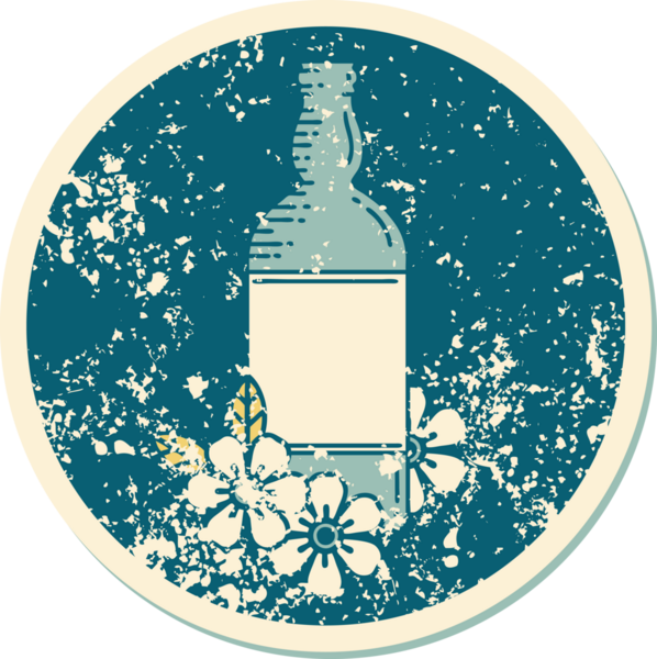 Bir insan tarafından çizilmiş bir rom şişesinin ve çiçeklerin sembolik desenli dövmesi.