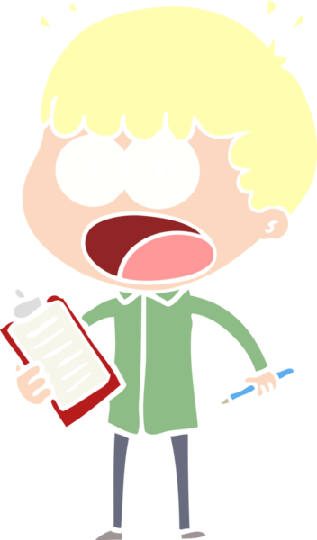 Düz renkli karikatür. Pano ve kalemle bir insan tarafından çizilmiş bir adamı şok etti.