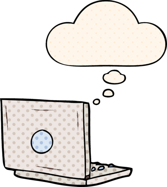 Bir insan tarafından çizilmiş, düşünce baloncuklu çizgi film dizüstü bilgisayarı.