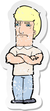 Çizgi filmin gerilimli çıkartması. Sinirli bir adam. Kollarını bir insan tarafından kavuşturulmuş.